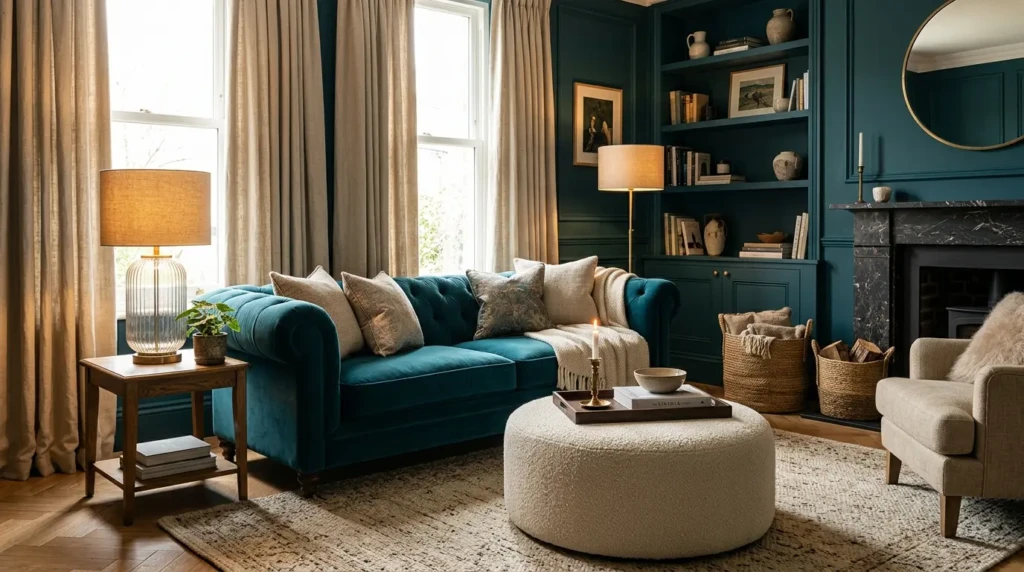 Luxury teal living room featuring velvet seating, linen curtains, boucle ottoman, woven baskets, and ribbed glass lamp.