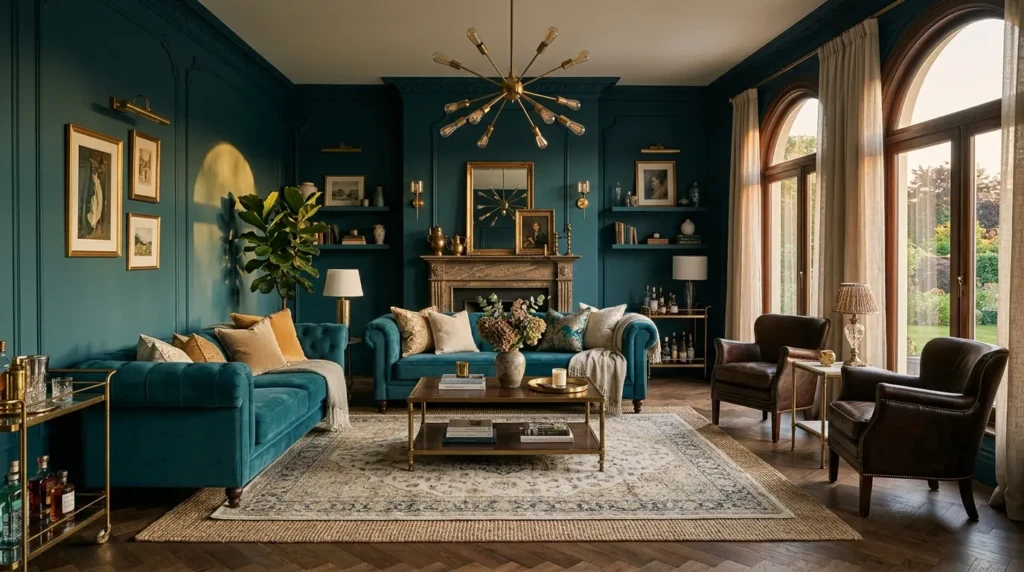 Dreamy elegant teal living room with velvet seating, leather accents, layered rug, brass lighting, and rich textures.