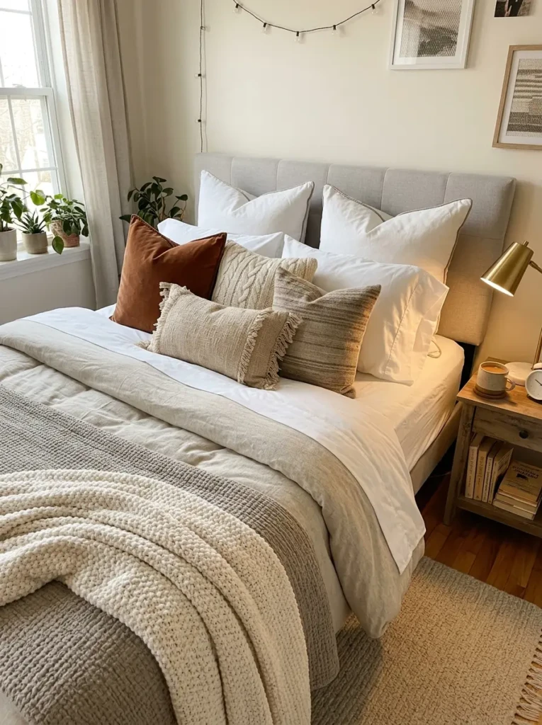 A teen bed styled with multiple pillows, soft blankets, and layered textures for a cozy look