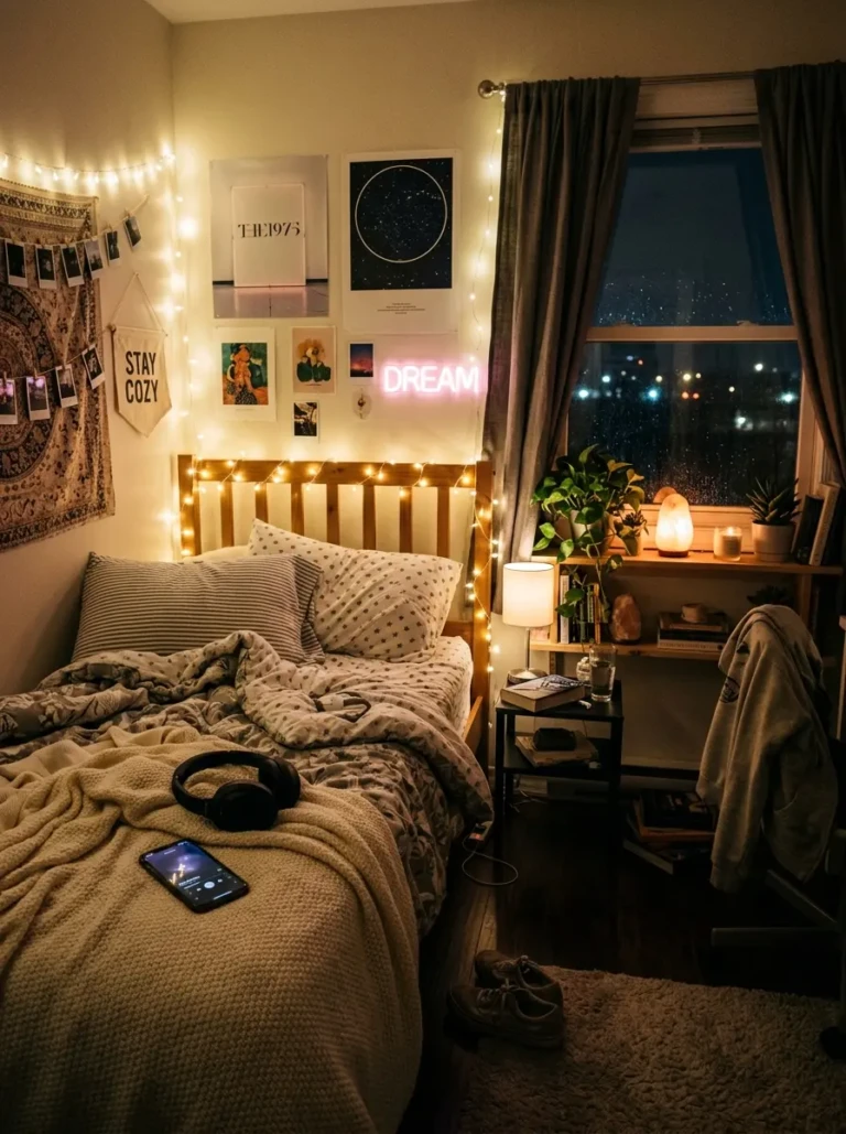 A soft glowing teen bedroom at night with fairy lights, blankets, and a calm relaxing atmosphere