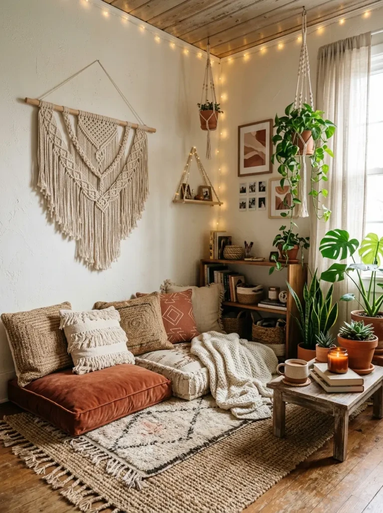 A boho-style teen bedroom corner with floor cushions, macrame decor, and warm earthy tones
