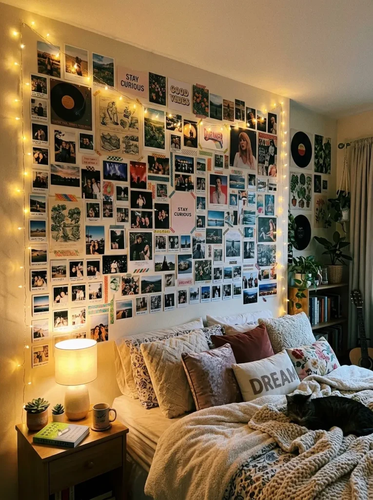 A teen bedroom wall filled with polaroids and art prints arranged creatively with soft lighting