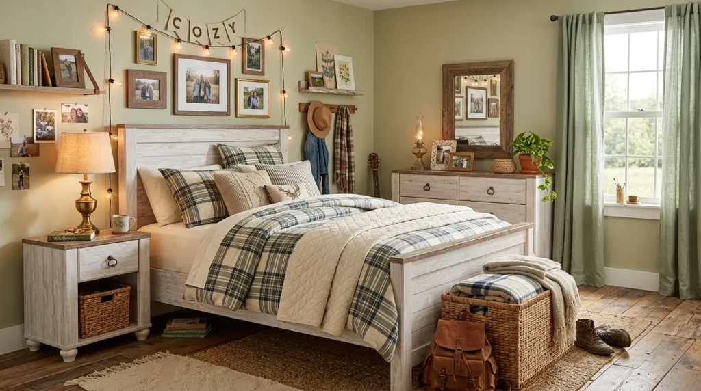 Country teen bedroom with plaid bedding, whitewashed furniture, woven baskets, and vintage lamps.