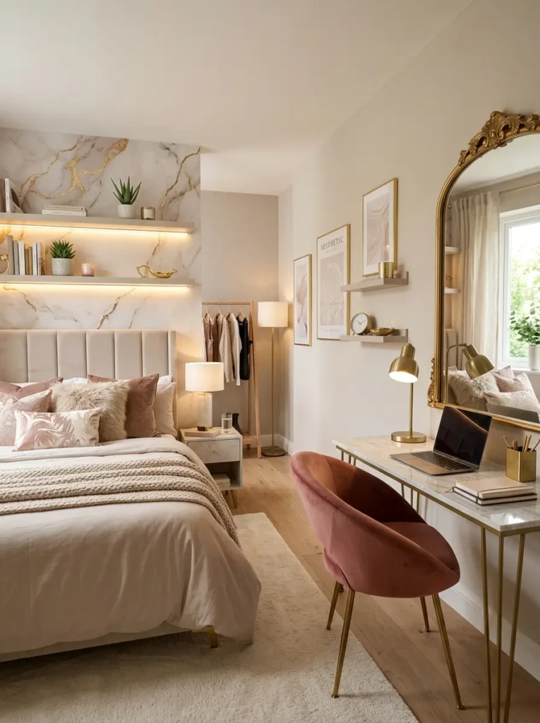 A sophisticated teen bedroom with a velvet accent chair, elegant study desk, gold mirror, floating shelves, and plush bedding.