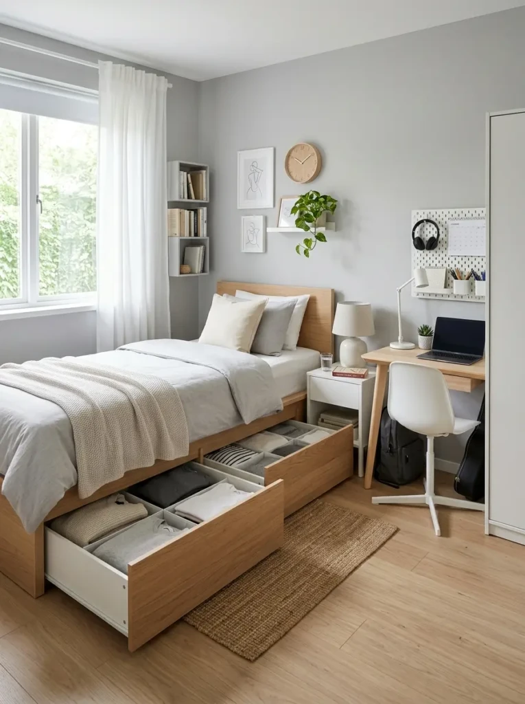 A tidy teen bedroom with hidden under-bed storage solutions keeping the space clean and organized