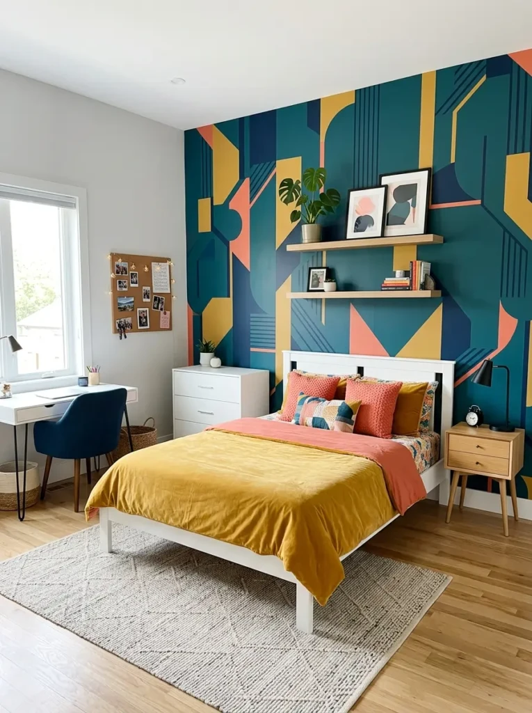 A teen bedroom featuring a bold accent wall with stylish patterns creating a strong focal point