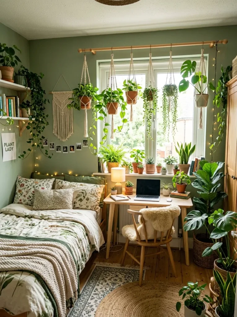 A teen bedroom decorated with indoor plants and greenery creating a fresh and calming environment