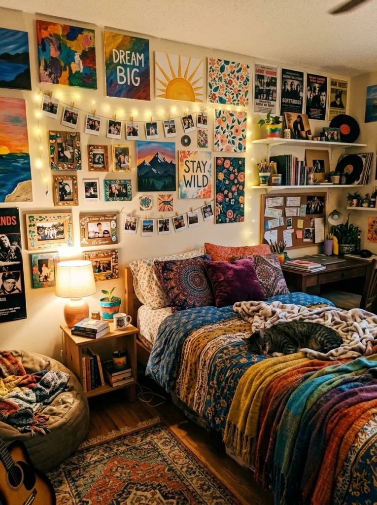 A teen bedroom with handmade decor including painted art and custom frames adding a personal touch