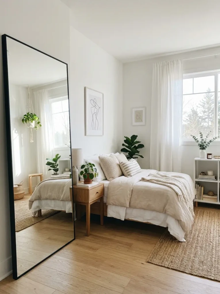 A teen bedroom with a large mirror reflecting natural light to create a brighter and more open feel