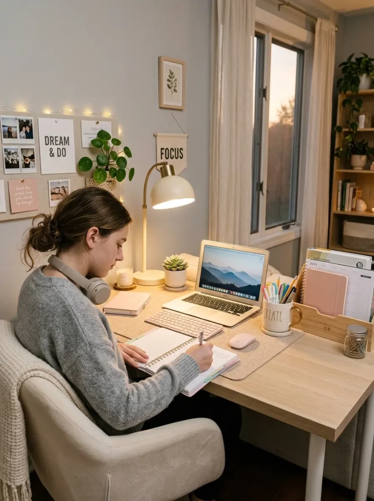A clean and organized teen study desk with soft lighting, minimal decor, and a comfortable workspace