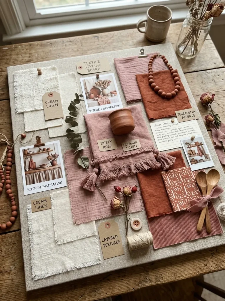 Dusty rose, terracotta, and cream fabric samples arranged as kitchen textile inspiration.