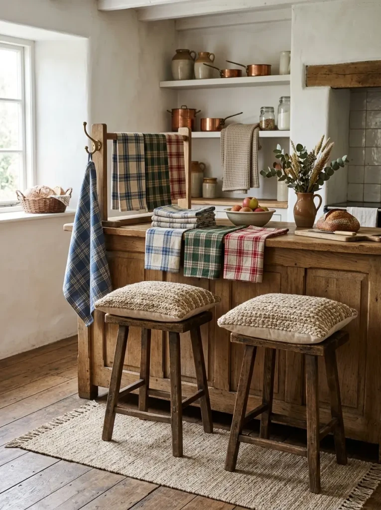 Plaid towels, woven stool cushions, and a neutral patterned runner add warmth to a tiny kitchen.