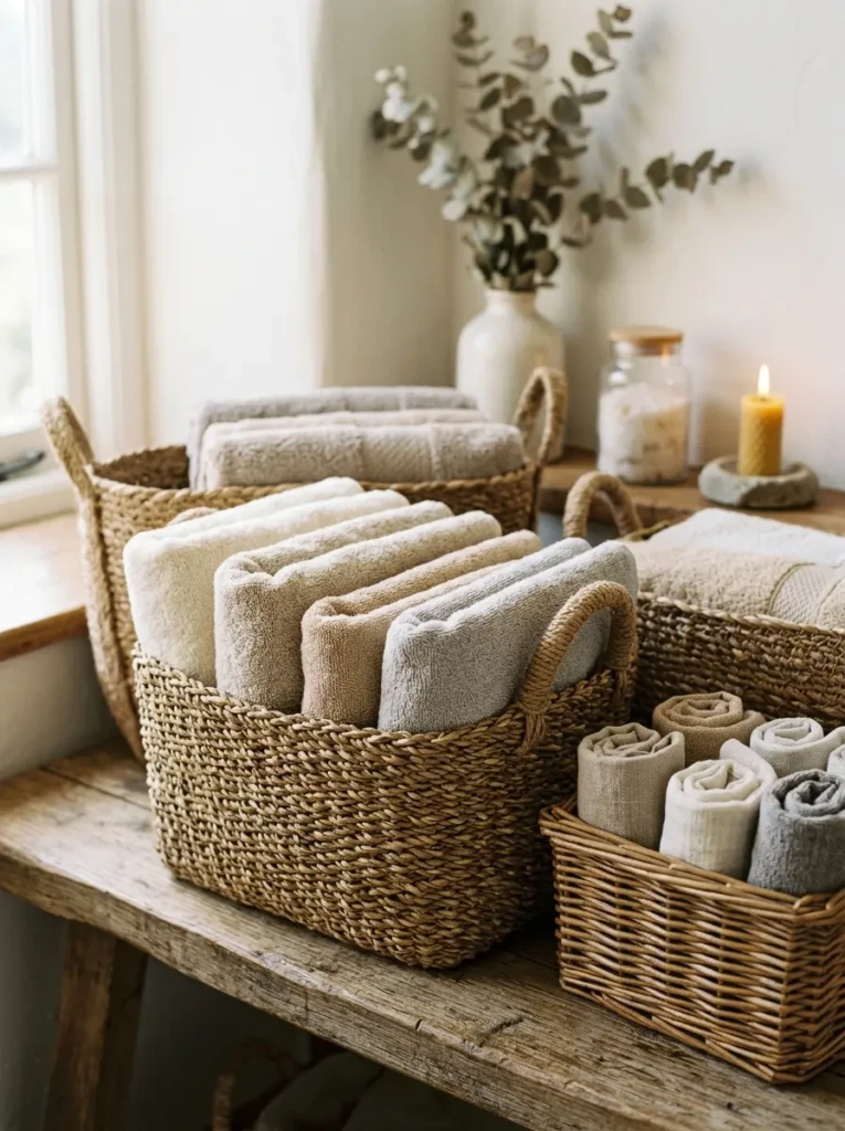 Close-up of woven baskets storing folded towels in a soft, neutral palette.