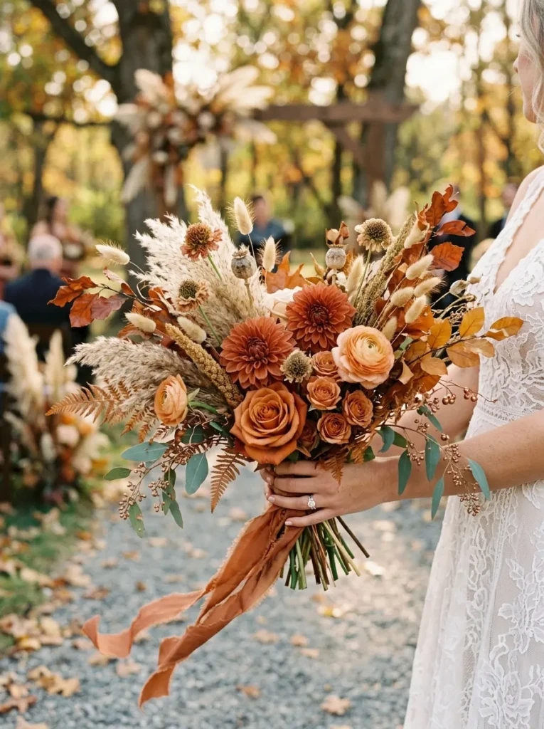 Loose bouquet with rust-colored flowers, dried elements, and copper accents in soft lighting