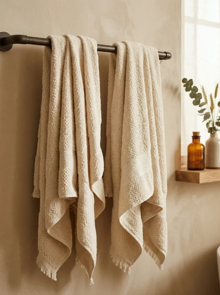 Close-up of towels hanging straight with clean folds and soft fabric texture.