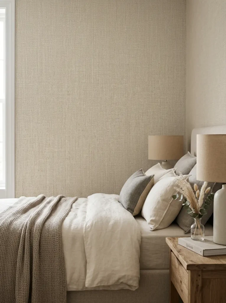 A close-up of fabric-like textured wallpaper adding depth and elegance to a neutral bedroom