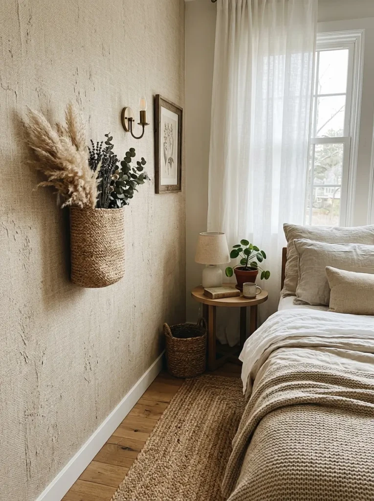 Detailed view of linen-textured wallpaper paired with woven decor, soft fabrics, and a calm neutral bedroom setting