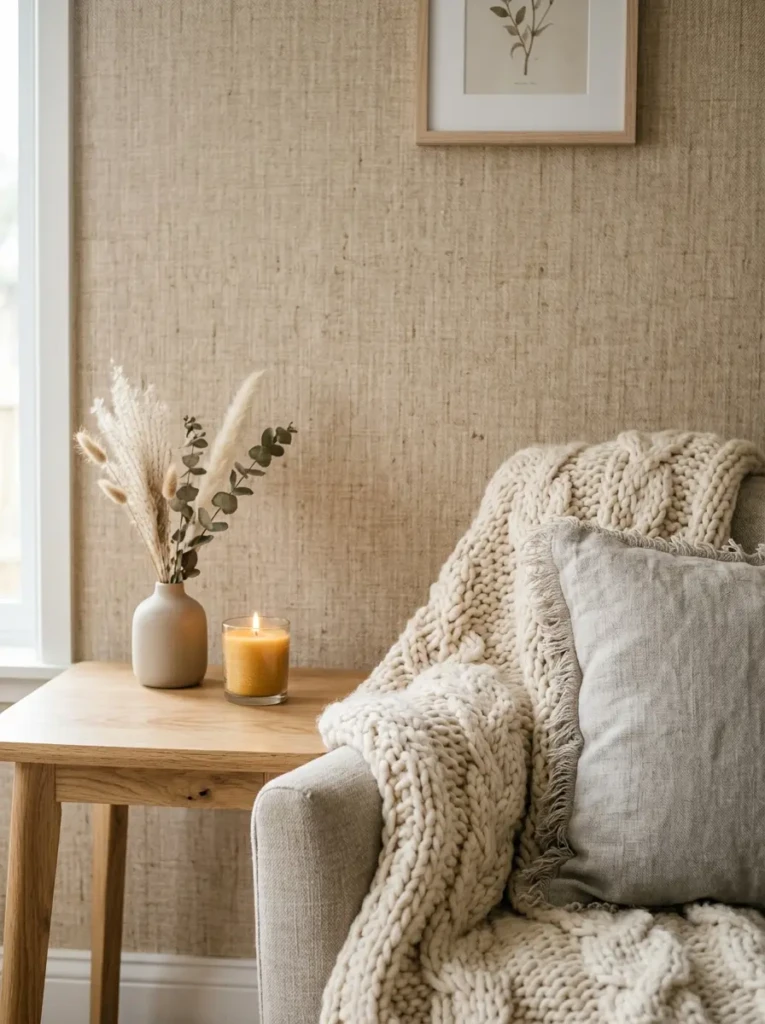 Close-up of textured neutral wallpaper with light wood furniture and soft layered textiles