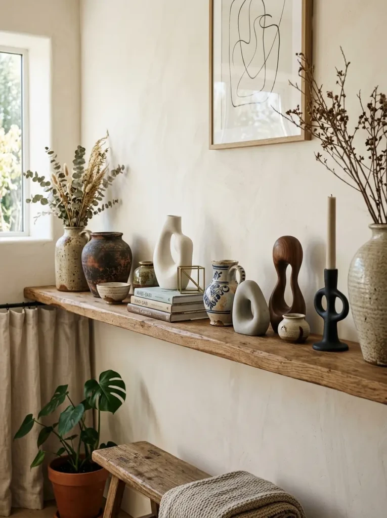 Thrifted pottery and modern sculptural accents styled together on a warm oak floating shelf.