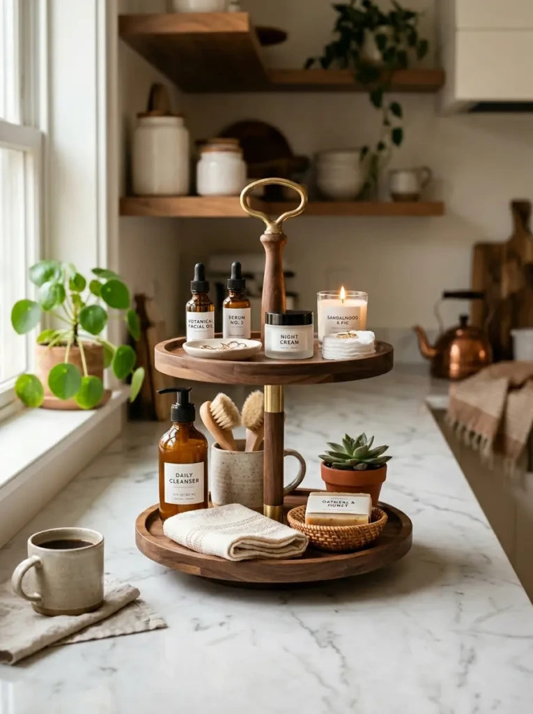 A tiered tray holding skincare or coffee essentials arranged neatly on a kitchen or bathroom counter.