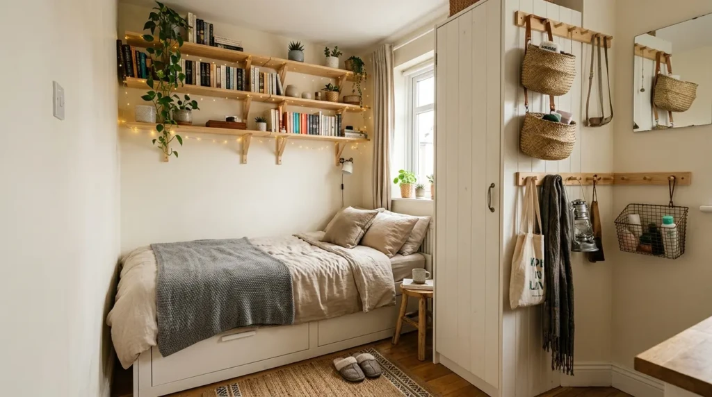Very small bedroom using vertical shelves, tall wardrobe, hanging baskets, peg rails, and fairy lights wrapped around wall storage.