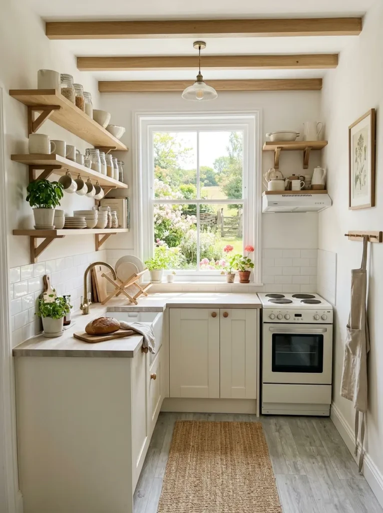 A bright small farmhouse kitchen in white and cream tones that feels open and spacious.