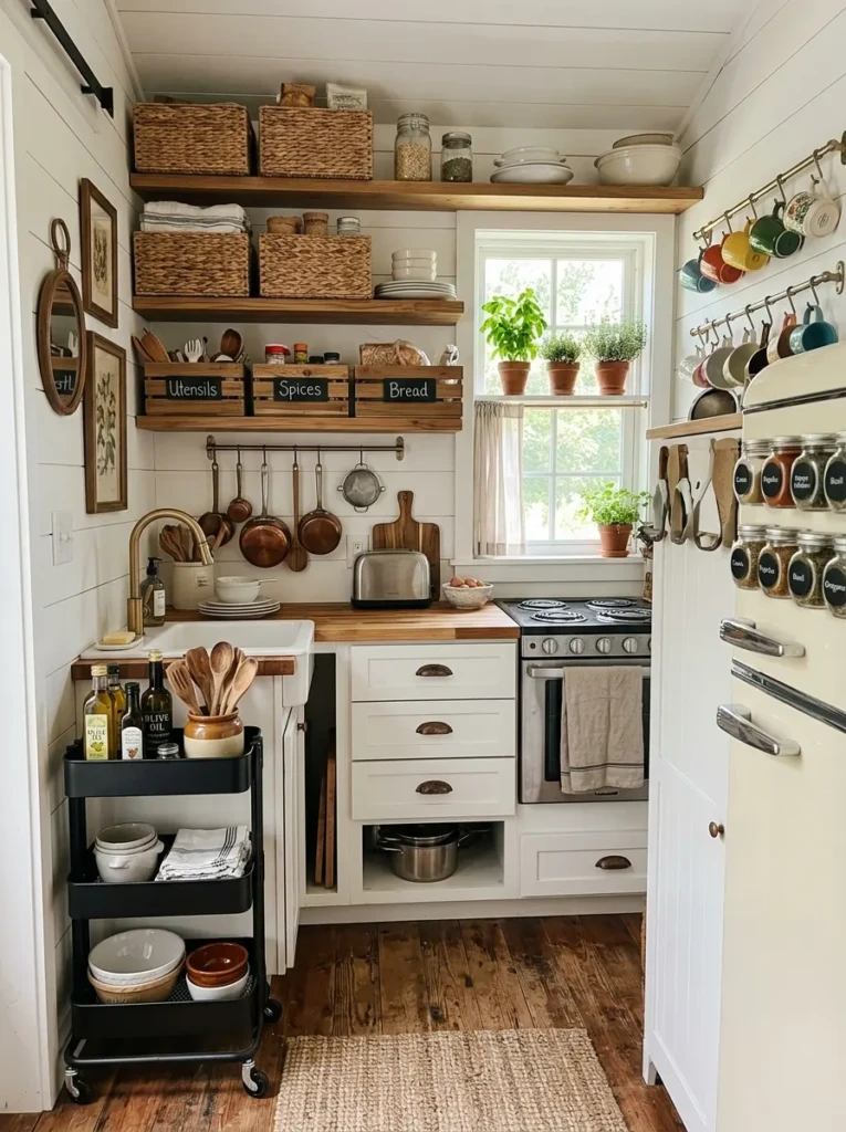 Tiny kitchen ideas with rolling cart storage, hanging mugs, baskets, and smart organization in a farmhouse style.
