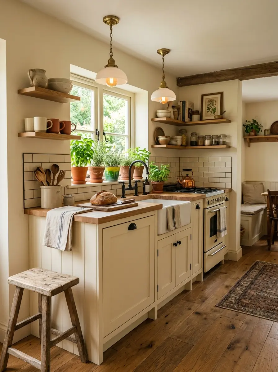 A beautifully styled small farmhouse kitchen with cream cabinets, black hardware, pendant lights, herbs, and cozy rustic decor.