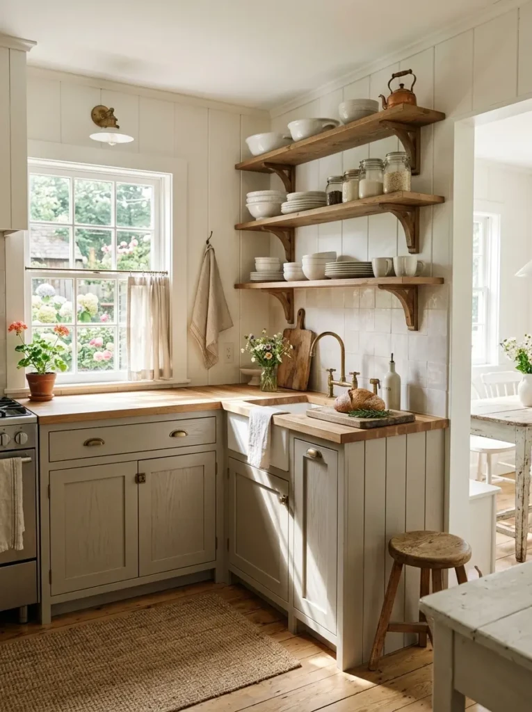 Tiny farmhouse kitchen in warm white and greige tones with sunlight reflecting across pale cabinets and airy surfaces.