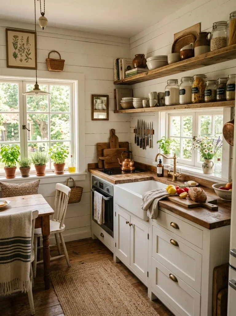 A beautifully styled small modern farmhouse kitchen with glowing natural light, open shelves, smart storage, and charming cozy decor.