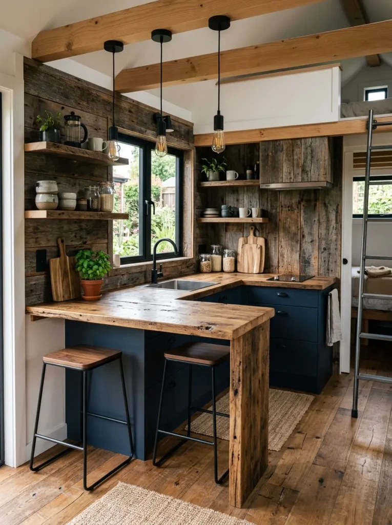 Minimalist stools, lighting, and reclaimed wood accents style a compact farmhouse kitchen.