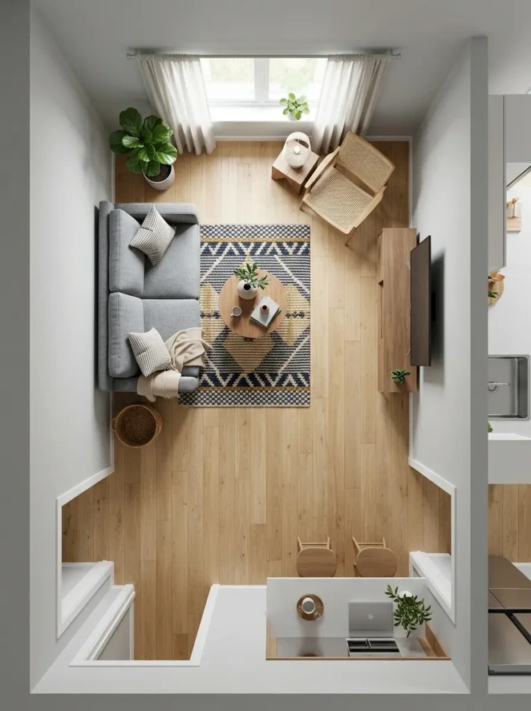 Top-view of a small living room with sofa against the wall, compact rug, and open walking space for better flow.