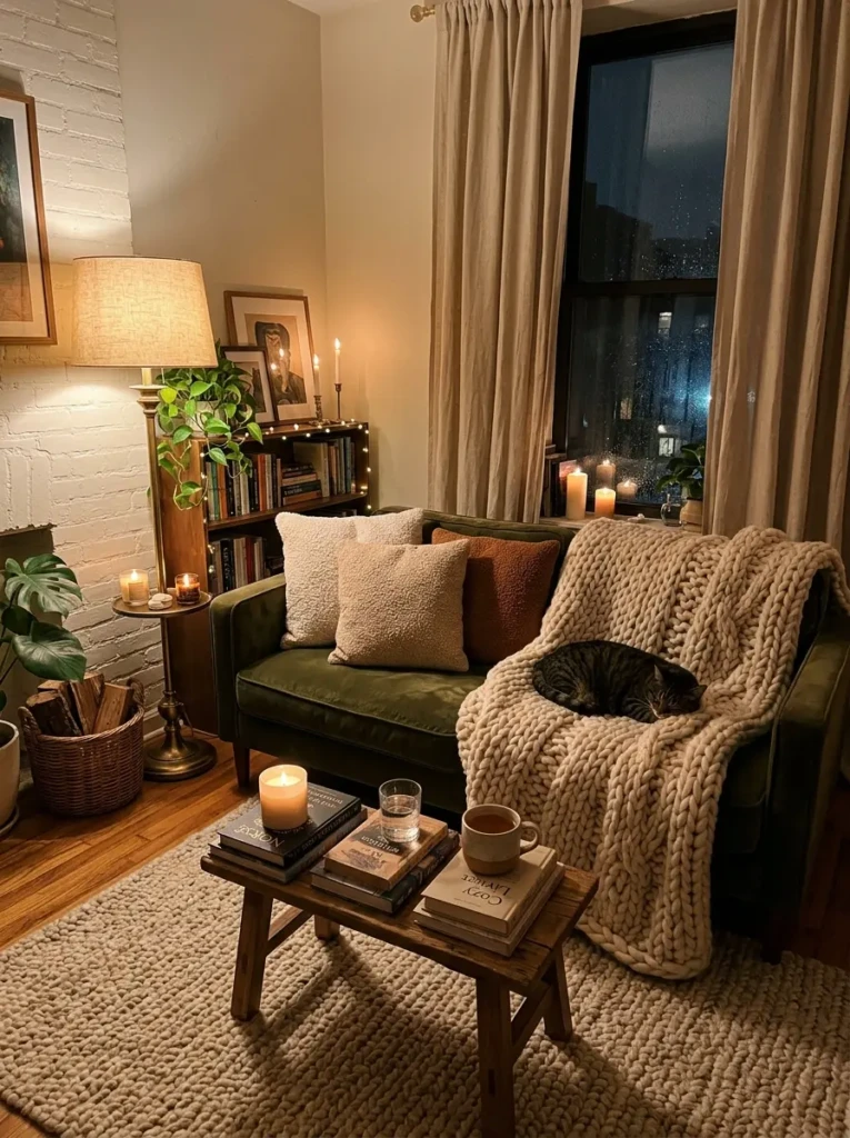 A cozy tiny living room with boucle cushions, knit throw blanket, warm lamp lighting, and soft rug textures.