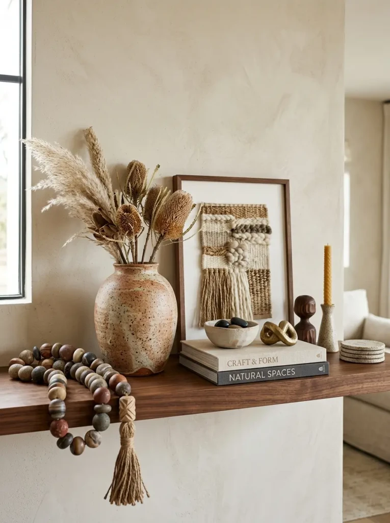 A brown monochrome floating shelf layered with stone beads, ceramics, and rich neutral textures.