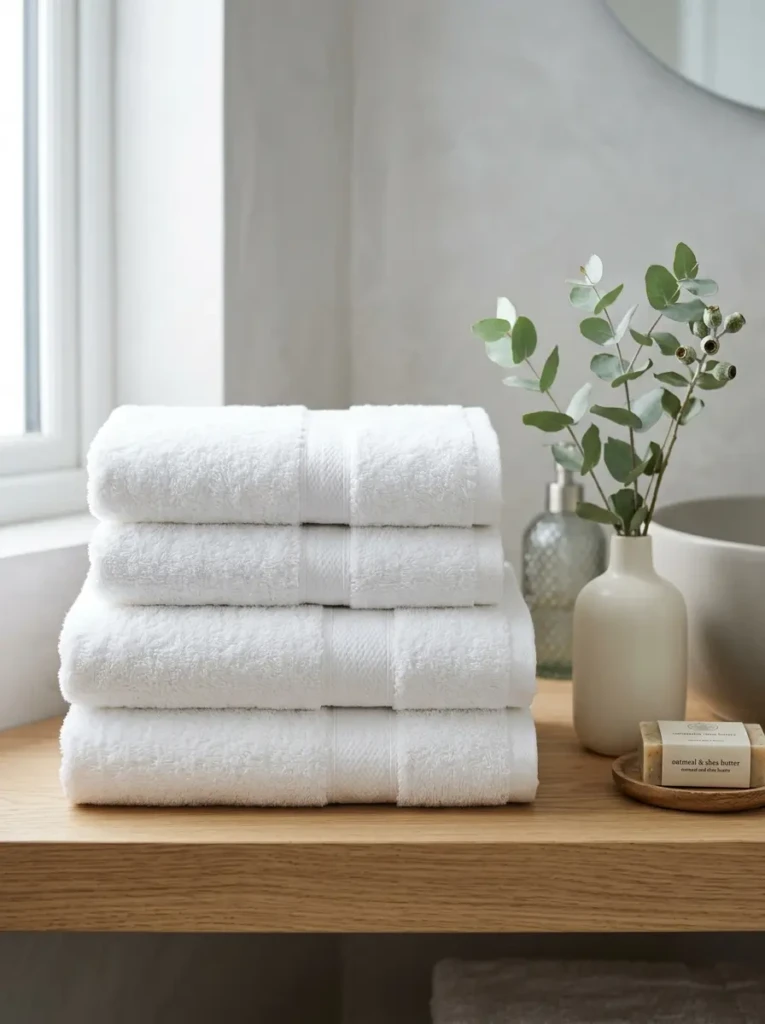 Close-up of aligned towel stack with a simple decorative item on top.