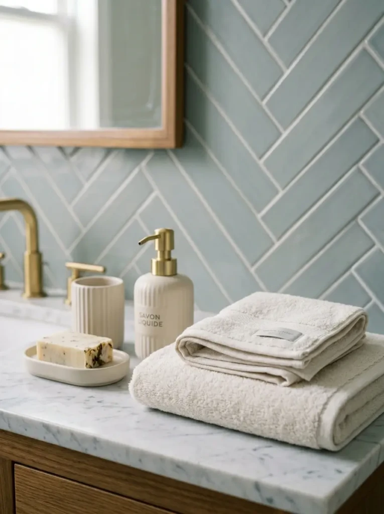 Close-up of towels coordinated with bathroom accessories like soap dispensers and tiles.