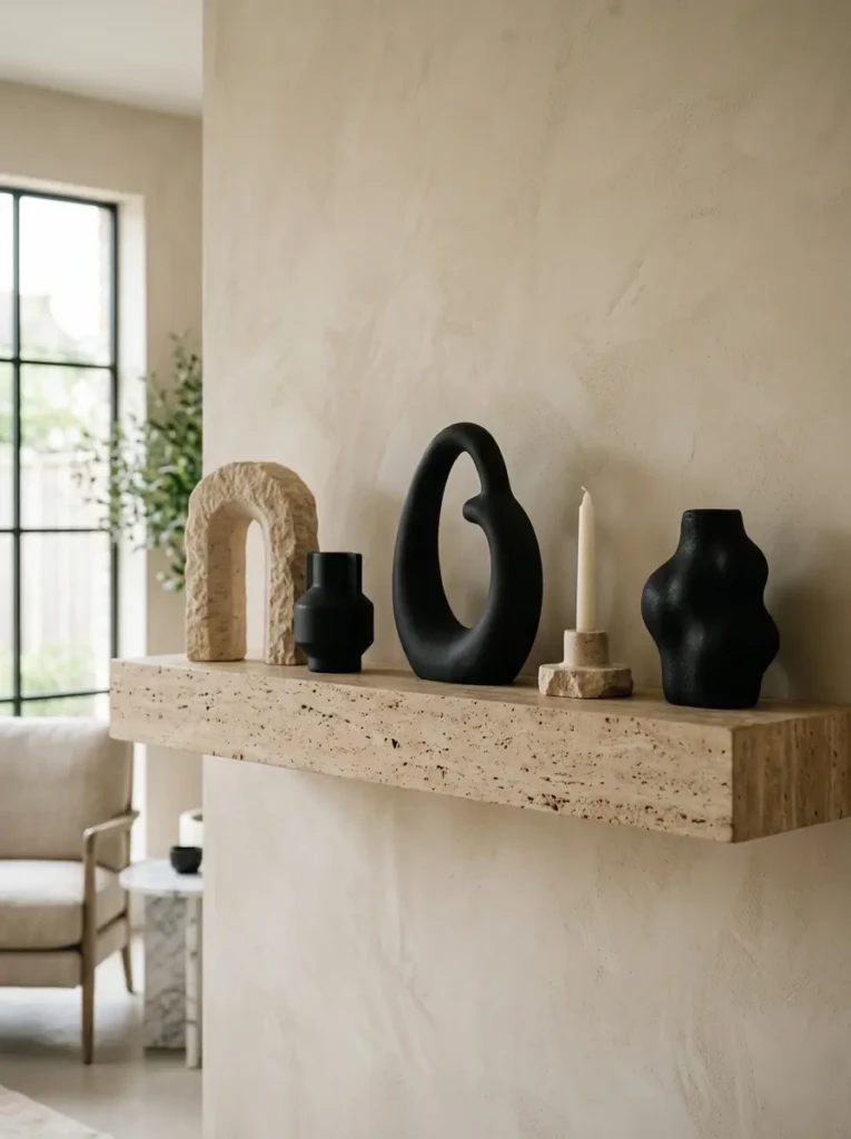 Elegant floating shelf with bold sculptural objects in travertine, matte black, and white finishes.