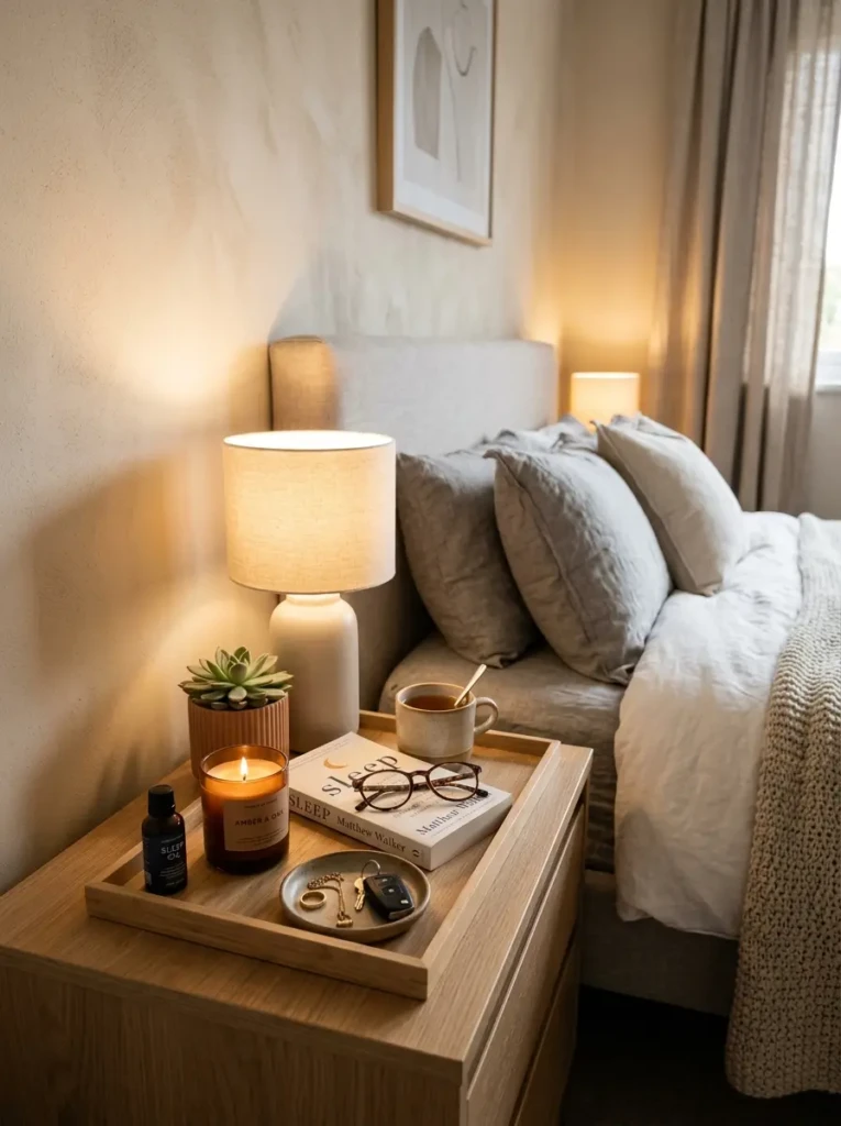 A bedside table neatly styled with a tray organizing small decor items in a modern bedroom.