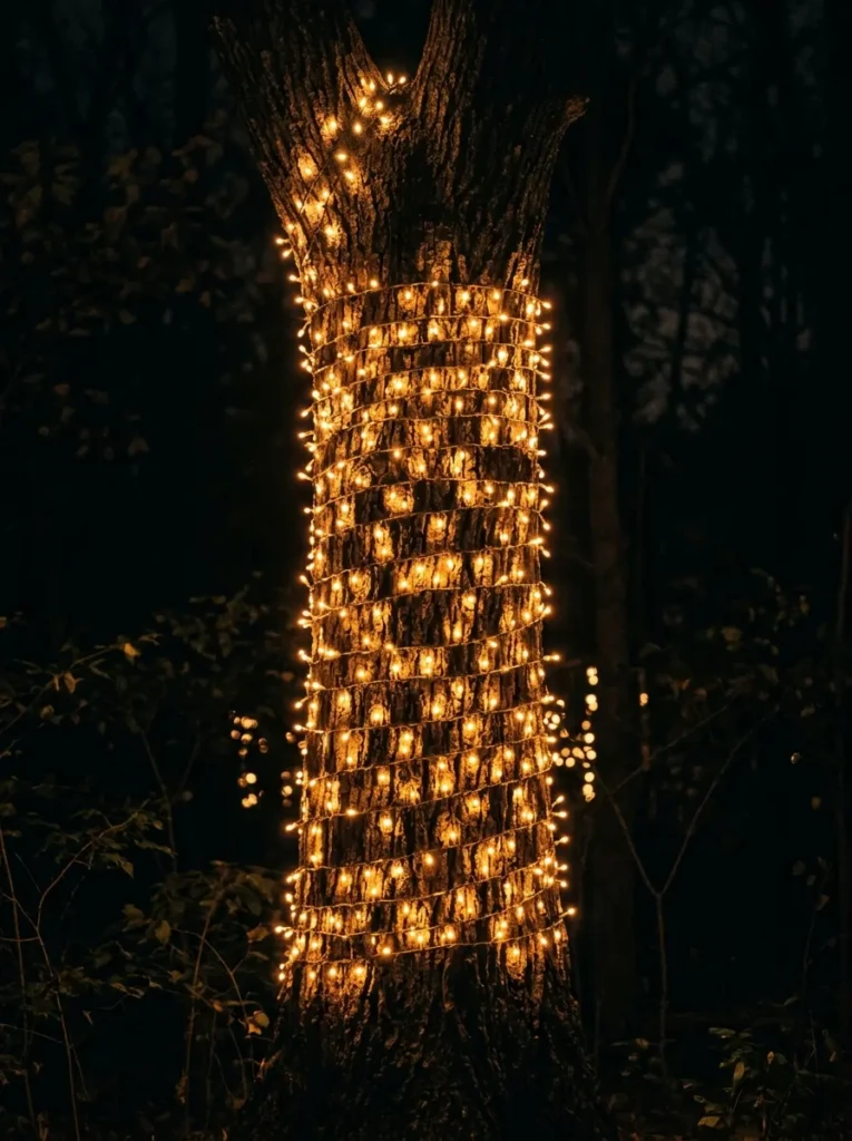Detailed view of a tree trunk wrapped in string lights producing a rich and glowing effect