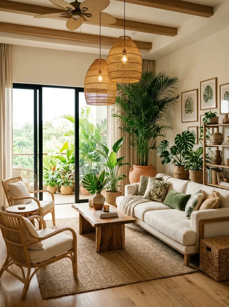 A tropical-inspired living room with indoor palm plants, woven lighting, wood furniture, and cream seating.