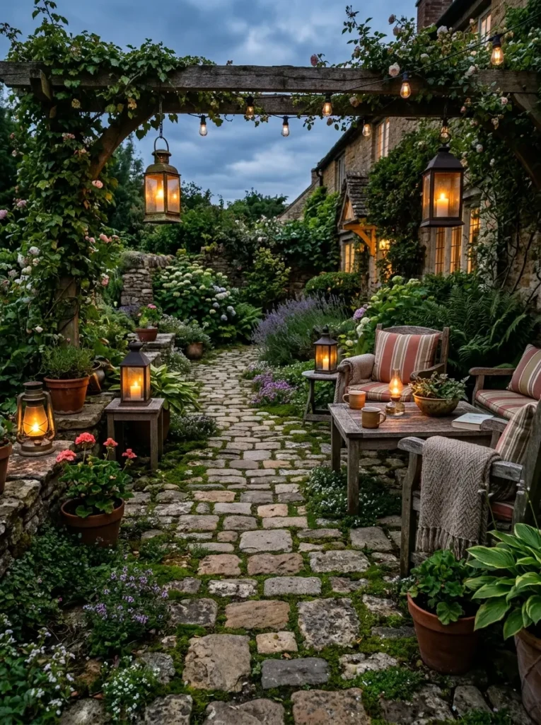 Tumbled stone patio featuring moss between pavers and soft glowing lanterns in a cozy rustic setting