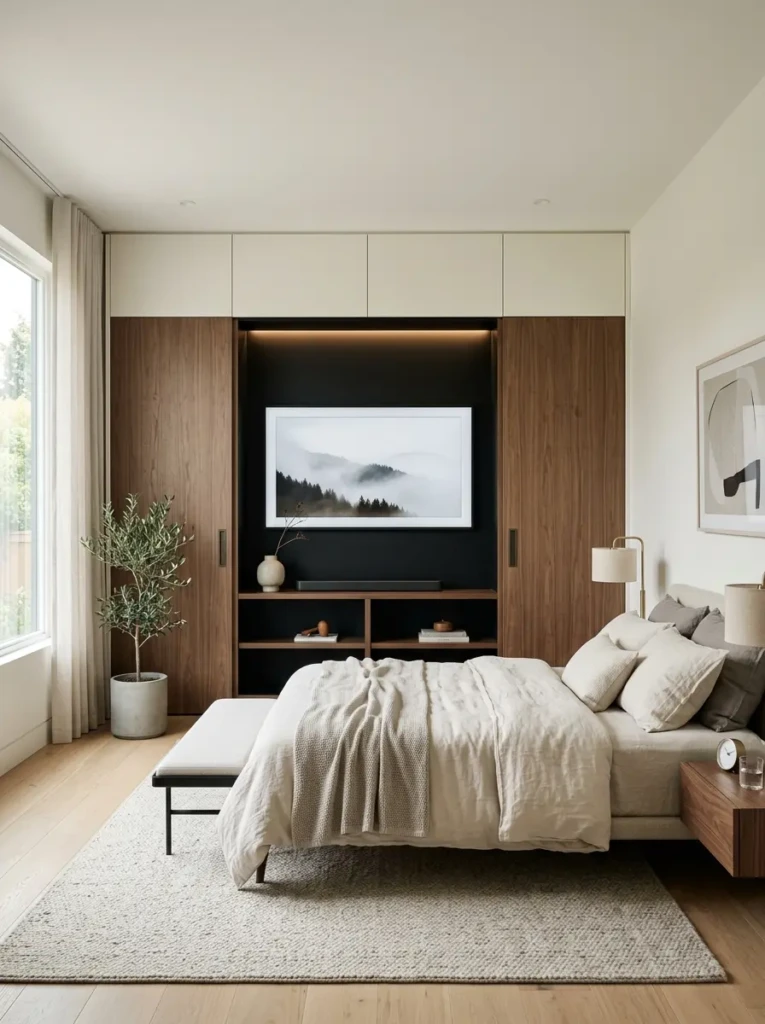 A TV concealed behind sliding panels in a modern bedroom for a clean look