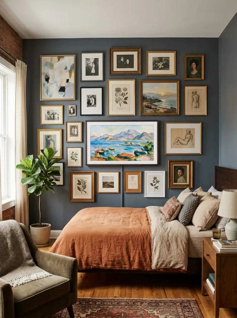A bedroom TV seamlessly integrated into a gallery wall with framed artwork and decor