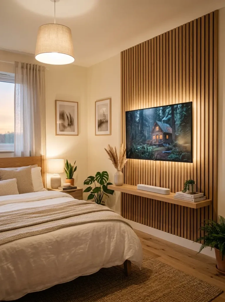 A TV mounted on a vertical wood slat feature wall creating a warm and cozy bedroom atmosphere