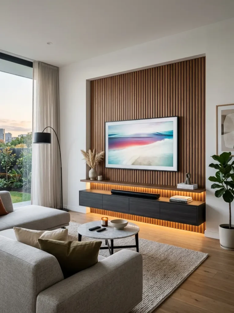 Sleek TV wall with wood slats, floating cabinets, hidden LED strip lighting, and minimalist decor.