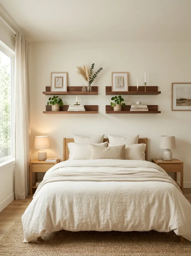 Twin walnut shelves in a Scandinavian bedroom with cream bedding and balanced decor.