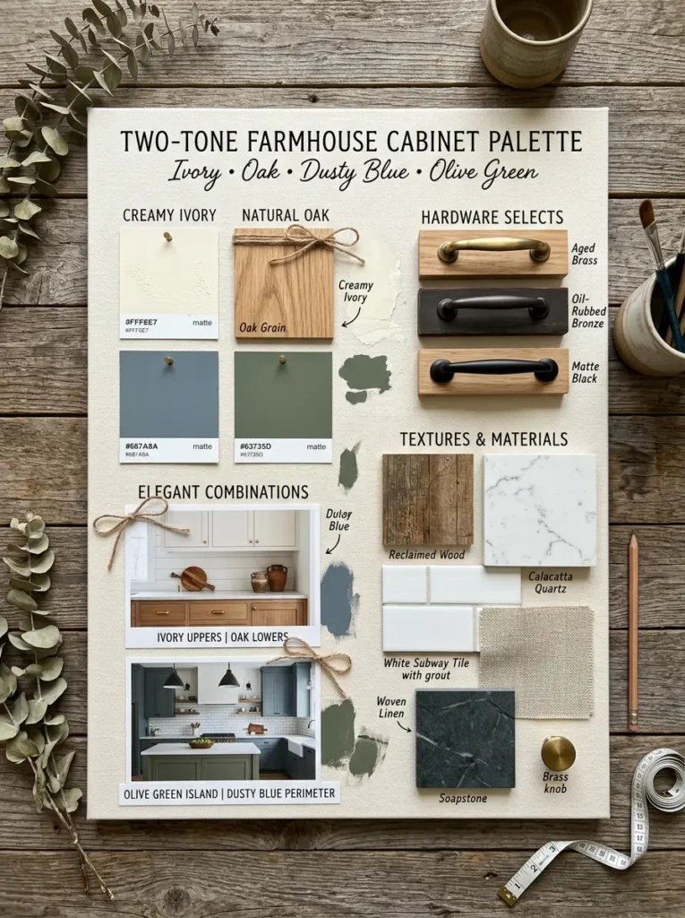 Farmhouse cabinet palette board with ivory, oak, olive green, and dusty blue combinations.