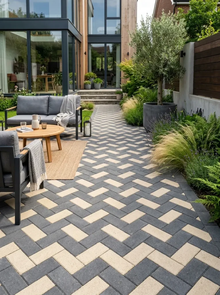 Outdoor patio with contrasting colored pavers arranged in a stylish geometric design