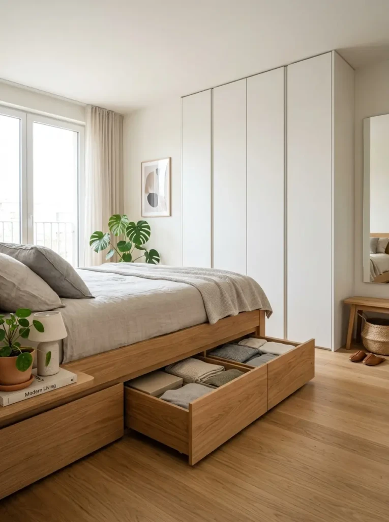 Practical storage solutions like under-bed boxes and sleek wardrobes in a modern bedroom