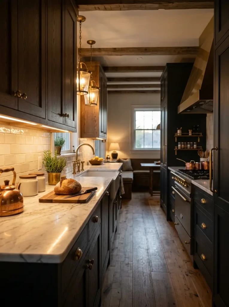 Warm under-cabinet lights brighten countertops in a narrow small farmhouse galley kitchen, creating an inviting evening ambiance.